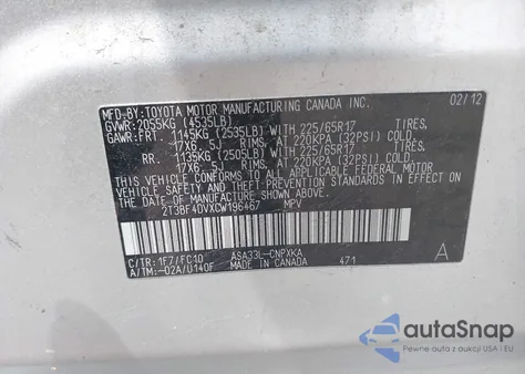 2012 Toyota Rav4 z USA, uszkodzony, nr VIN 2T3BF4DVXCW196467